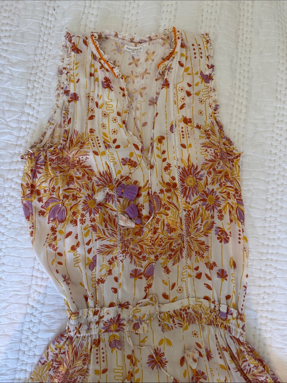 Poupette St. Barth Cream Floral Sleeveless Dress with Yellow & Purple Print